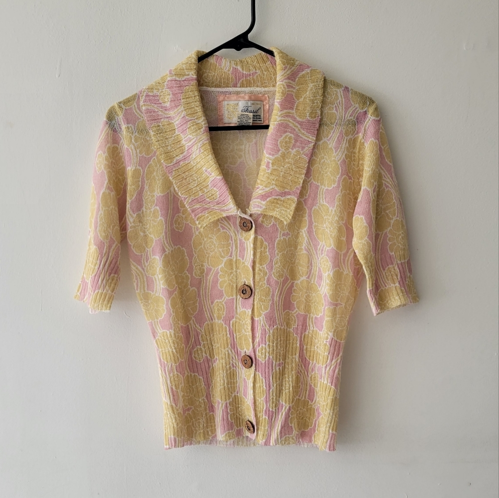 Fossil Vintage Cardigan Sweater Pastel Floral Print Yellow Pink Size L